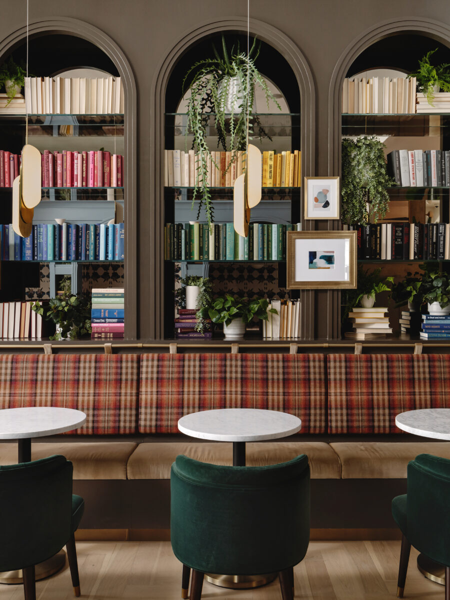 Waterloo colorful books on arched bookshelves