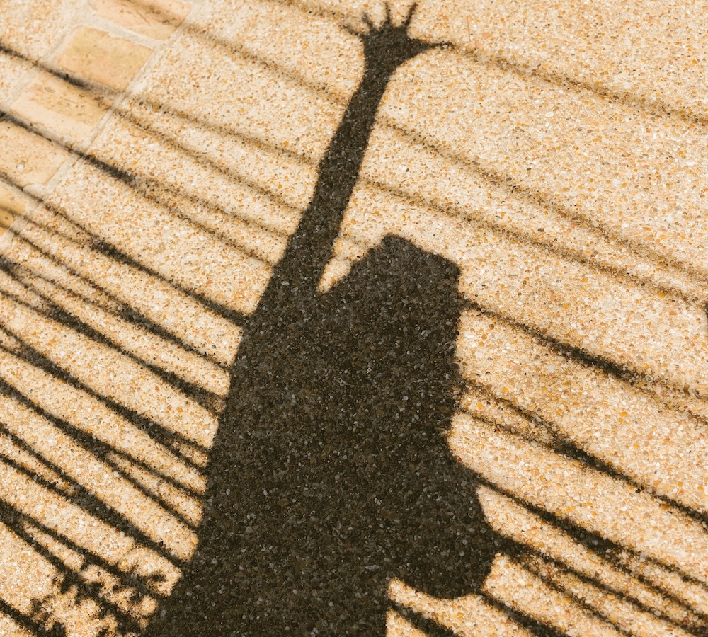 Shadow of a person with an outstretched arm and hand raised, cast on a textured ground intersected by thin lines of shade from overhead objects or plants, reflecting the unique perspective of LV Collective.