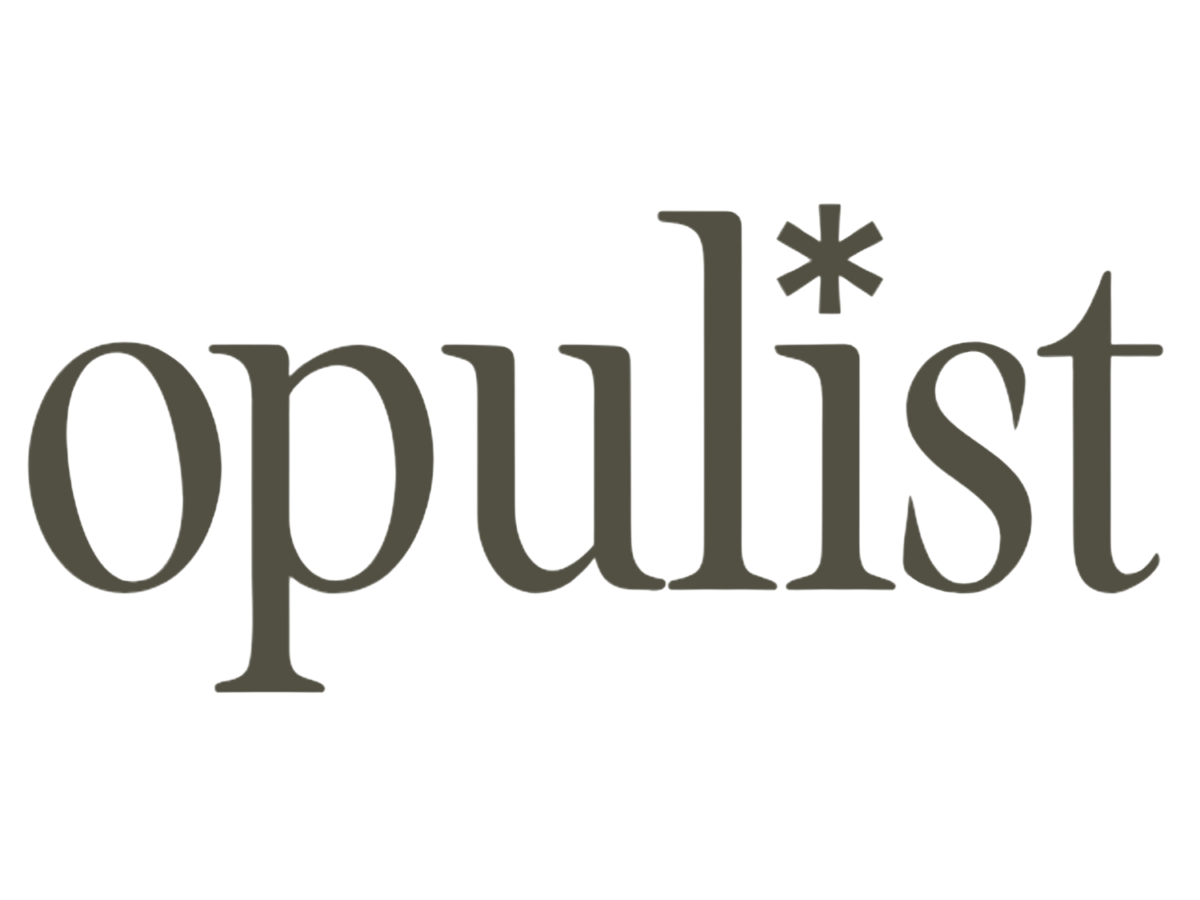 The word “opulist” is written in a bold, elegant serif font in dark gray, with an asterisk symbol replacing the dot above the letter “i.”.